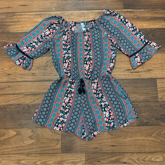 Xhilaration Girl's Multicolor Boho Romper Elastic Waist - Size M (7) W/Pockets - Picture 2 of 8